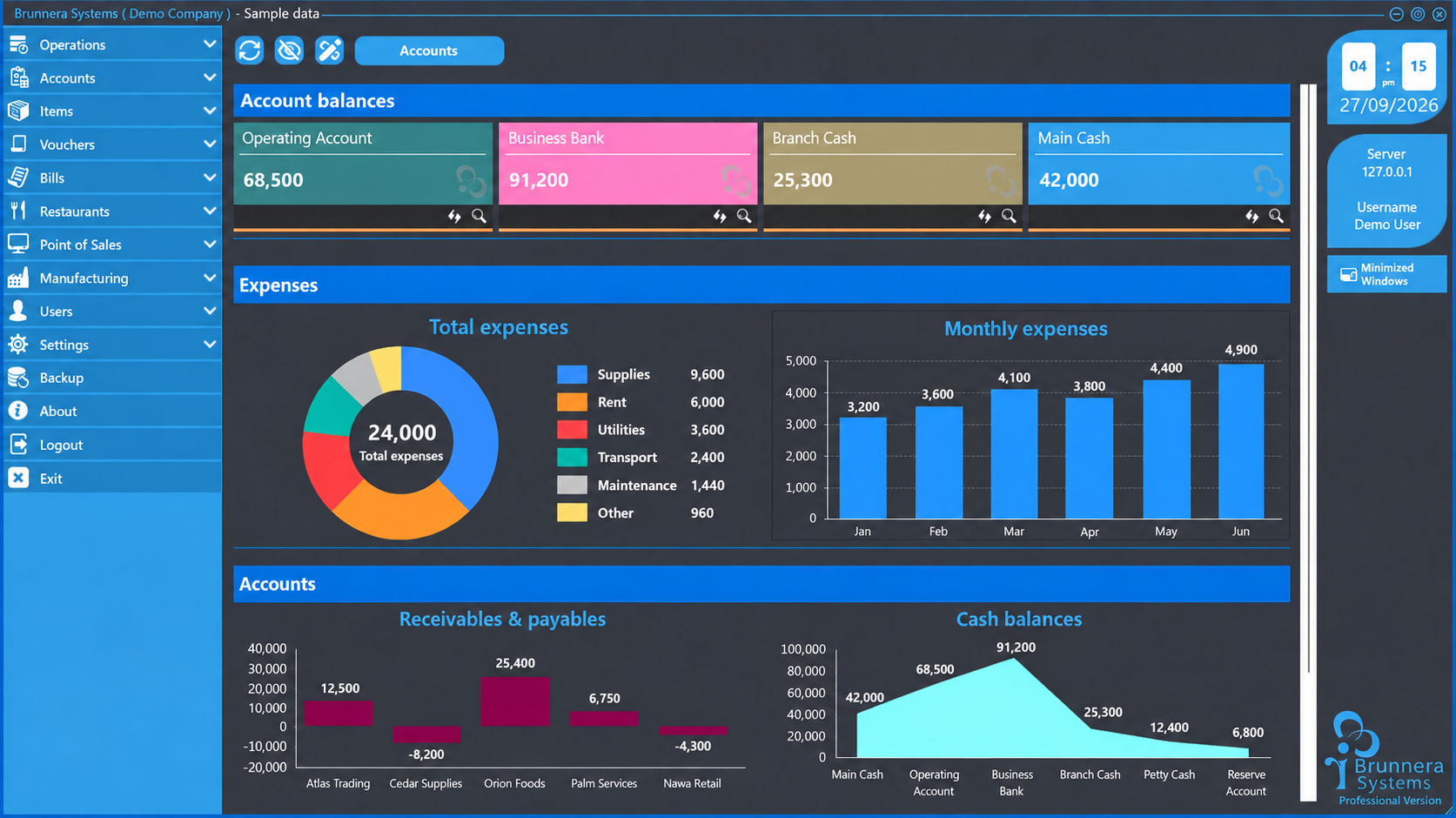 Brunnera ERP preview with fictional account balances, expenses, and a monthly expense chart